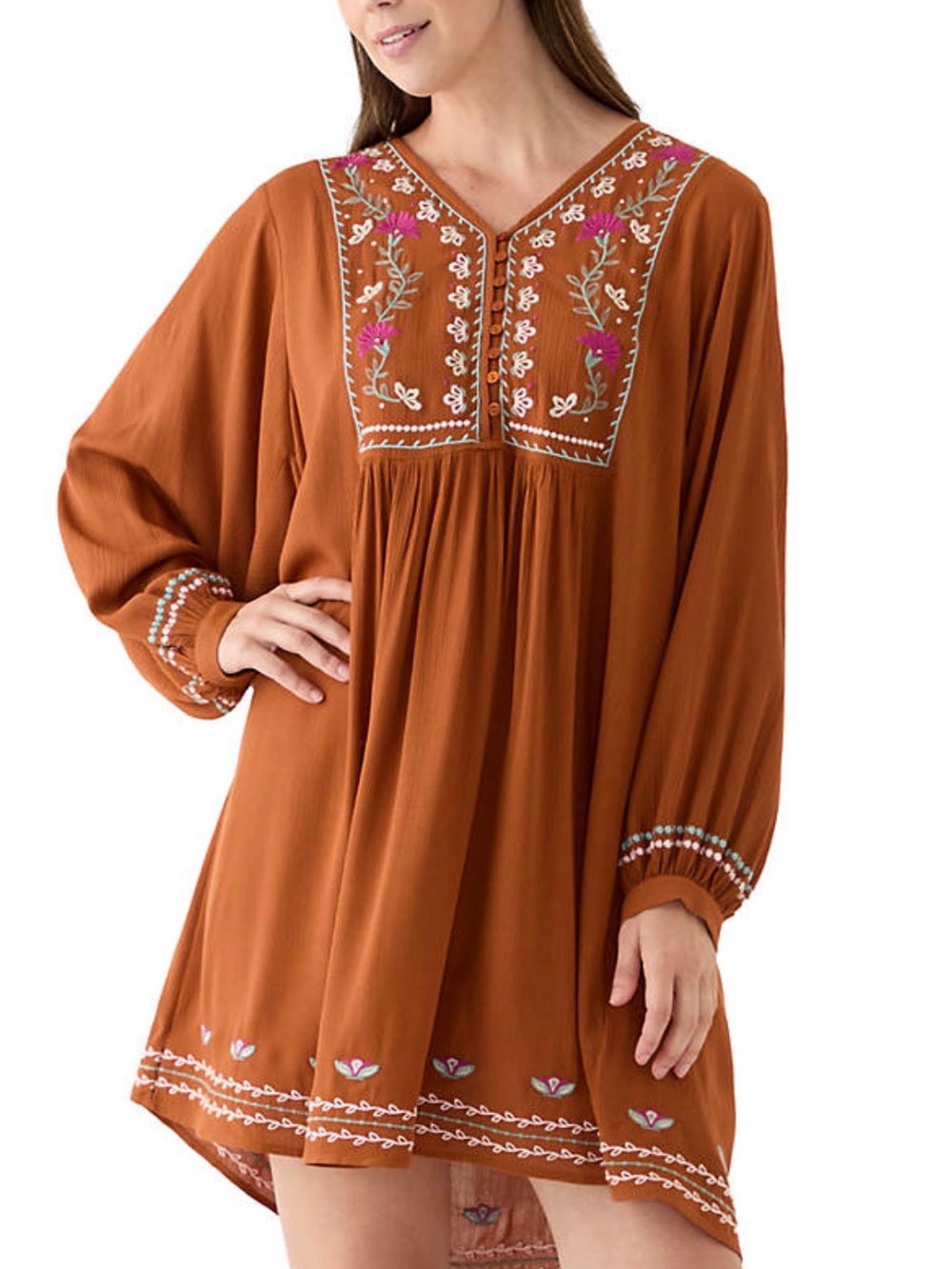 Wonderly Rust Embroidered Boho Mini Dress